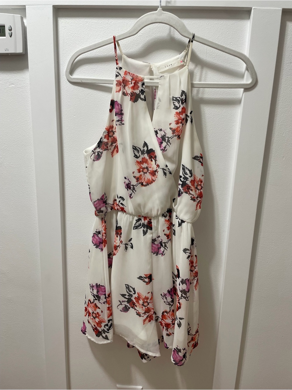 Lush Cream Halter Dress with Pink & Orange Floral Print